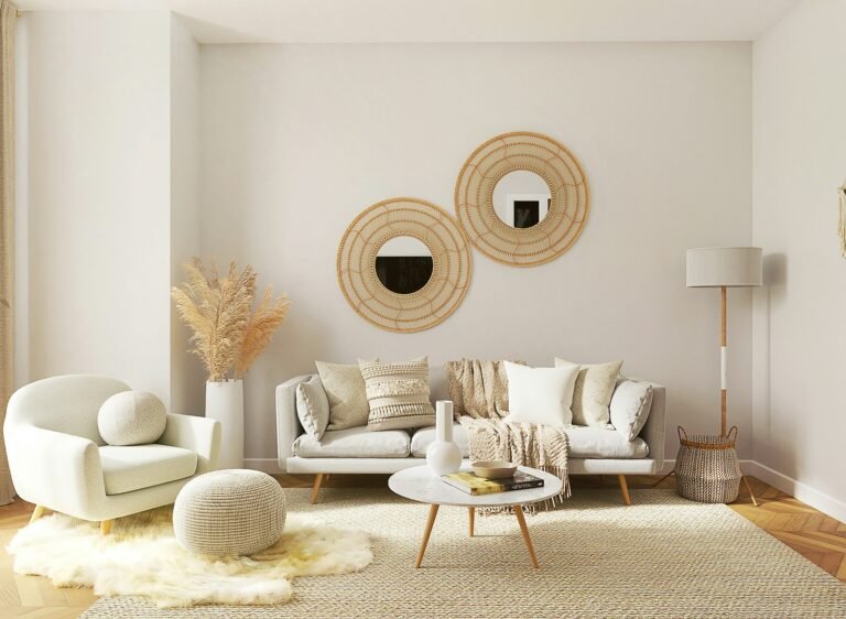 Boho living room with rattan mirrors, pampas grass, jute rug, and neutral layered textures
