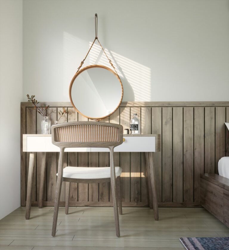 Scandinavian interior design room with white walls, light wood furniture, and cozy neutral textiles